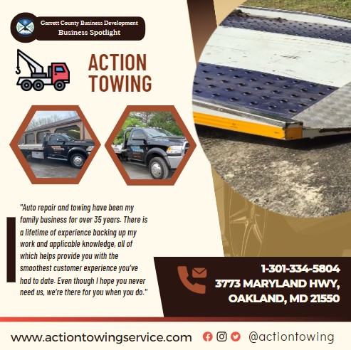 Todays Business Spotlight 🚗 is on Action Towing! 
Visit them at www.actiontowingservice.com
Follow us to see more daily Garrett County Business Spotlights!
If you are interested in having your business featured contact Connor Norman at cnorman@garrettcountymd.gov. #BusinessDevelopment #garrettcountymd